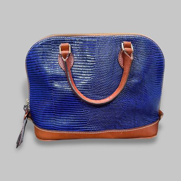 Dooney & Bourke Blue Embossed Leather Satchel Bag with Tan Trim - Picture 2 of 7